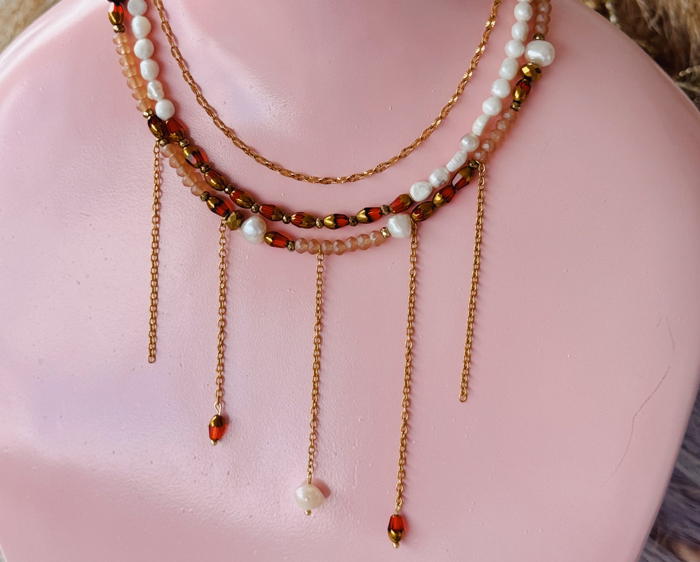 Olivia red and pearl triple choker