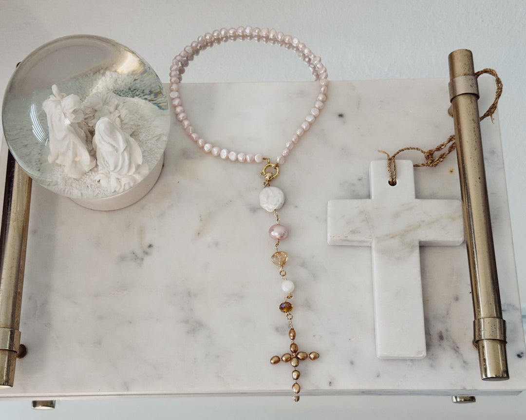 Pink Pearl Choker + Cross Lariat