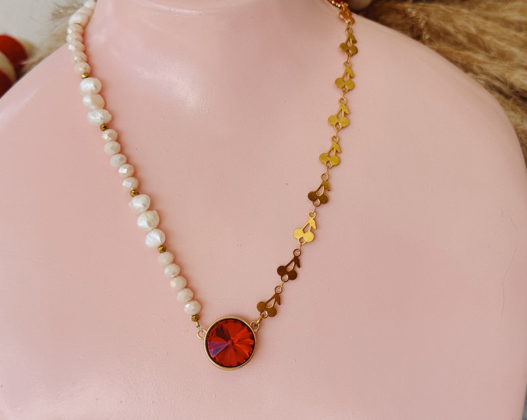 Pearl, red and golden cherries choker