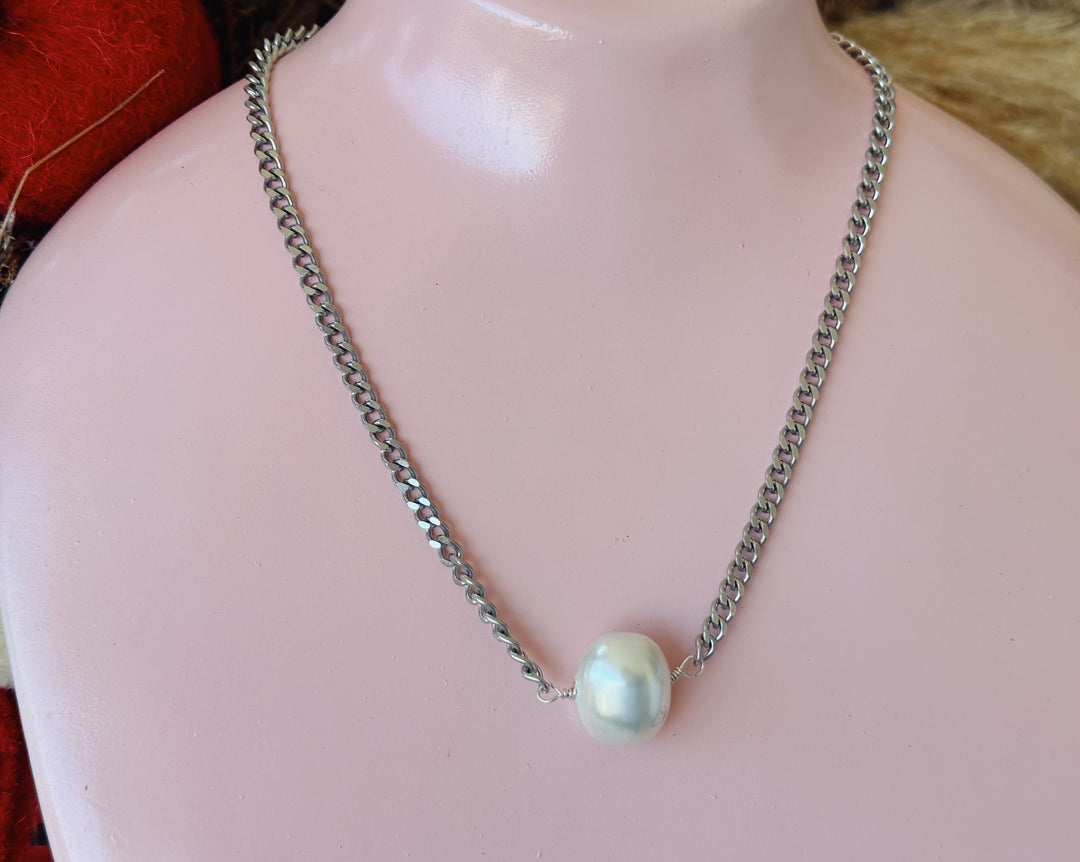 Silver Cuban and Pearl Choker