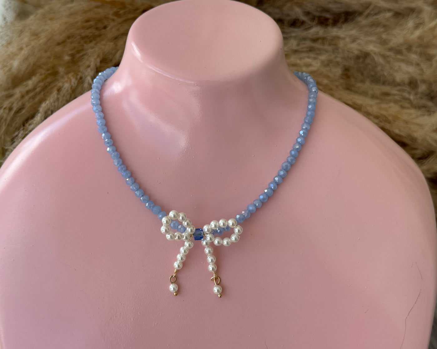 Blue and Pearl Bow Choker